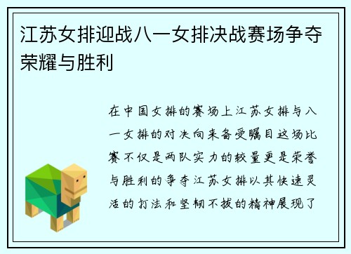 江苏女排迎战八一女排决战赛场争夺荣耀与胜利